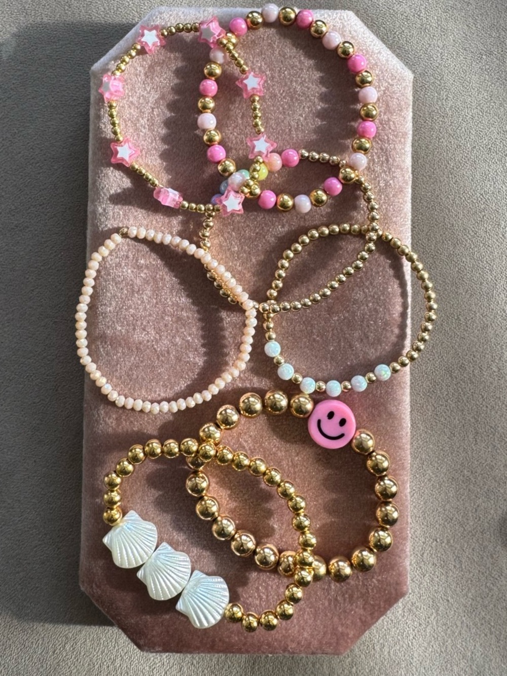 Set of 7 Gold & Pink& White Beaded Bracelets 6-7” Wrists